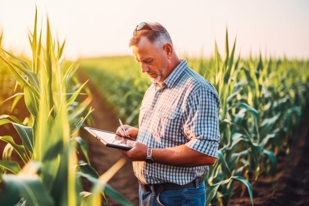 An image of a modern farmer in his field researching the question does Pivot Bio work on his iPad