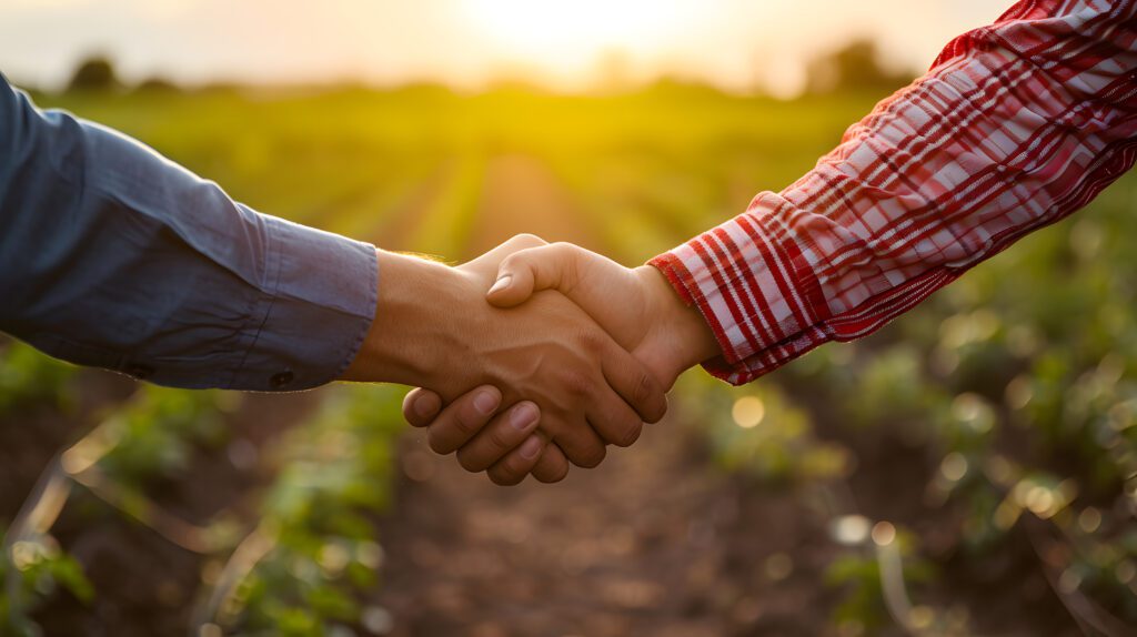 An image of a farmer and an agribusiness consultant shaking hands in the foreground of a field.